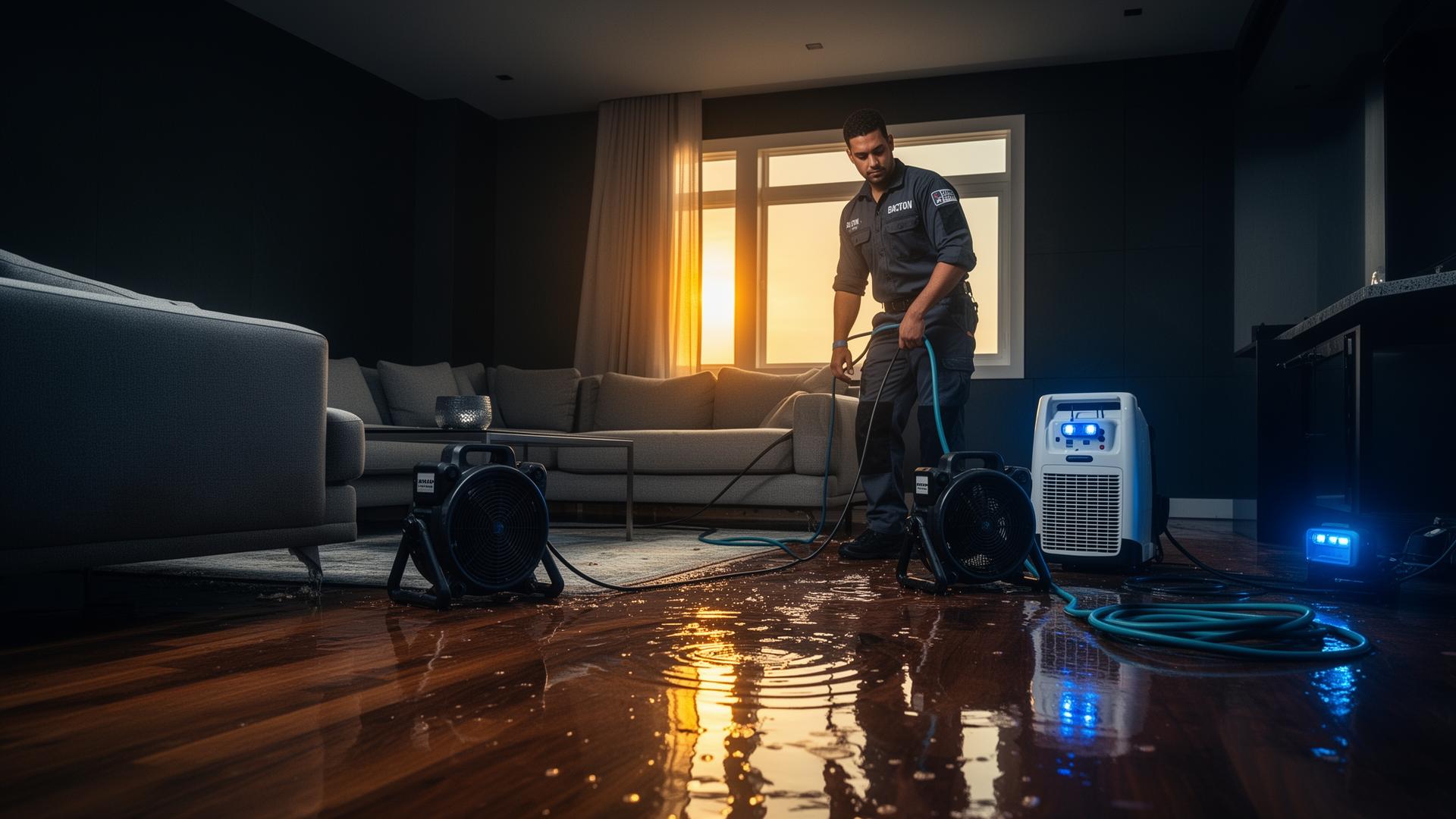Water damage restoration technician deploying drying equipment in a flooded home